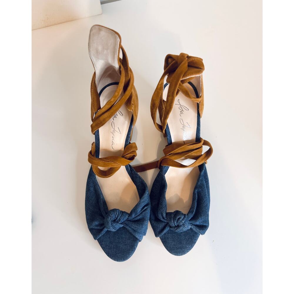 Designer Isa Tapia Alma Brown Suede Blue Denim Block Heels